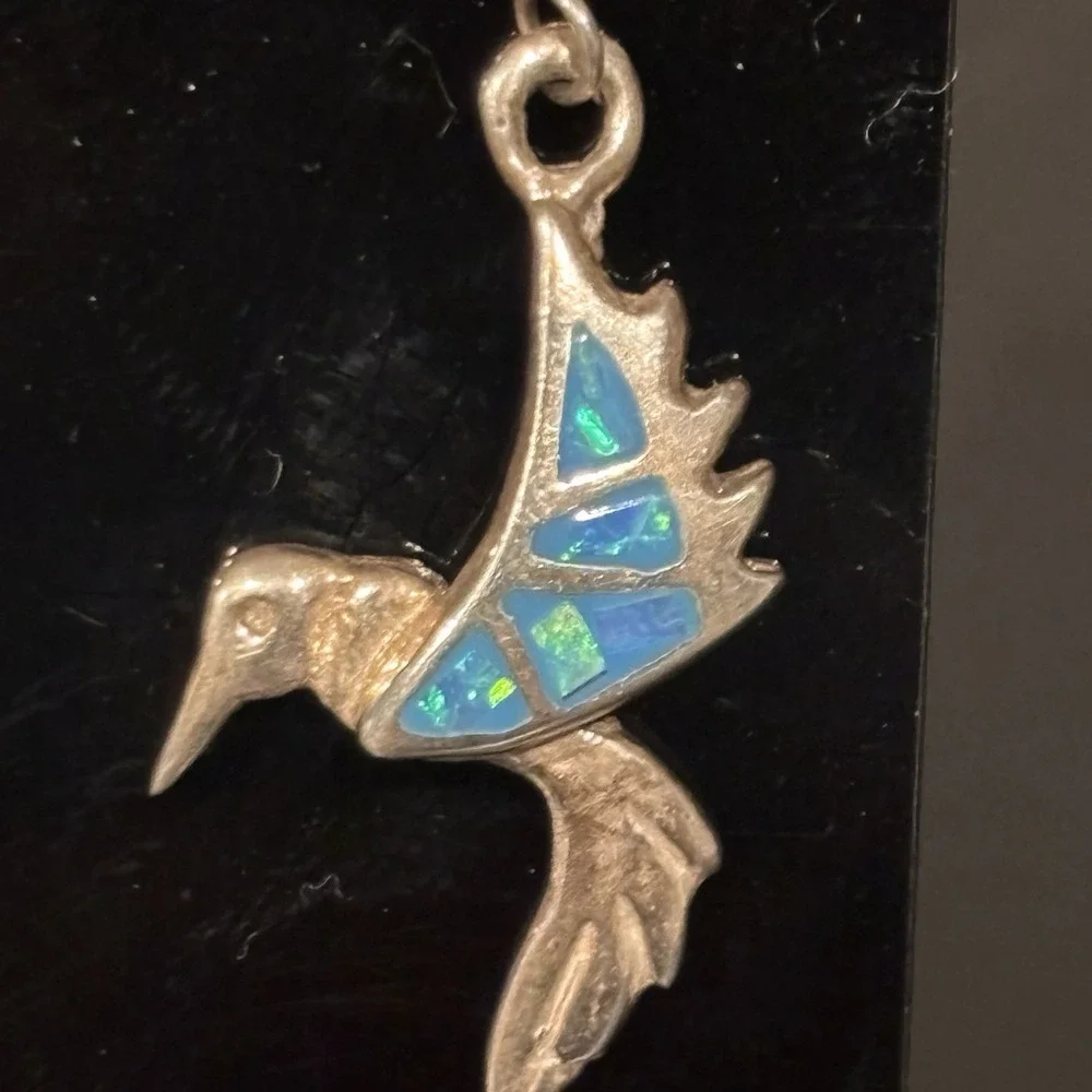 Vintage Mexico 950 Silver Signed Opal In-lay Hummingbird Dangle Drop Earrings